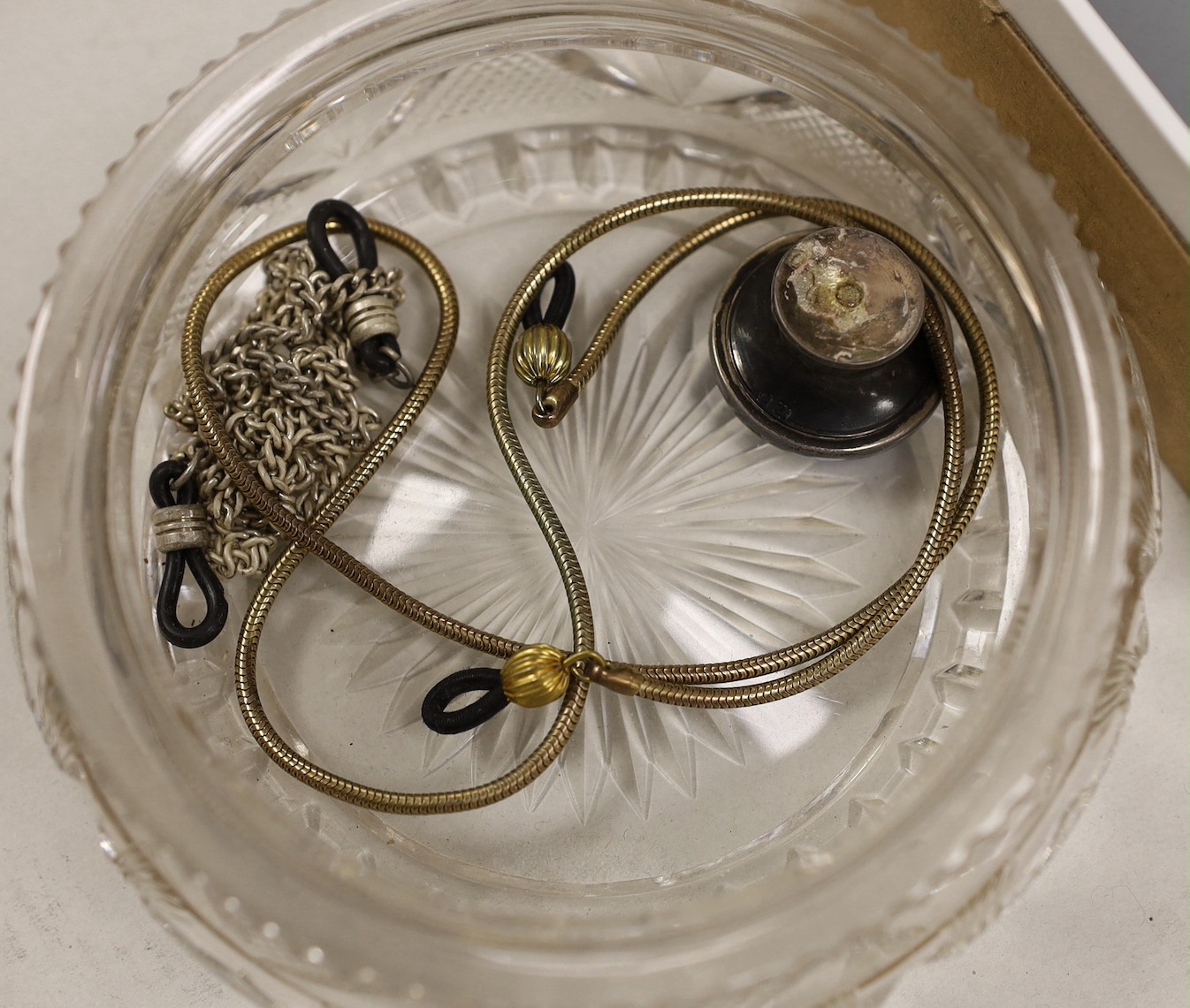 A 1930's silver and blue guilloche enamel six piece dressing table set, including hand mirror and toilet jar.